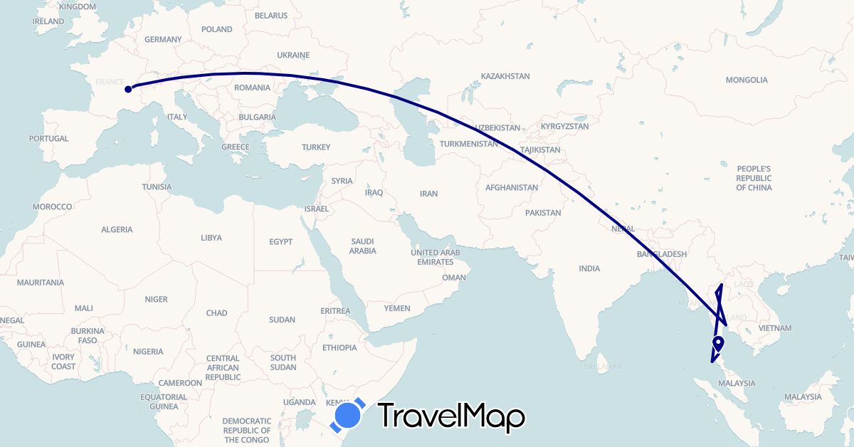 TravelMap itinerary: driving in Switzerland, France, Thailand (Asia, Europe)